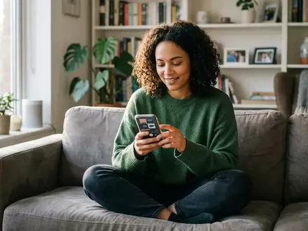 Eine Person hält ein Smartphone in einem hellen Wohnzimmer, während sie eine Musik-App bedient. - Foto: über boerse-global.de