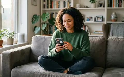 Eine Person hält ein Smartphone in einem hellen Wohnzimmer, während sie eine Musik-App bedient. - Foto: über boerse-global.de