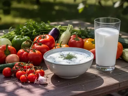 Frische saisonale Lebensmittel, Joghurt und ein Glas Ayran auf einem Holztisch bei natürlichem Sonnenlicht. - Foto: über boerse-global.de