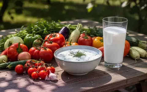 Frische saisonale Lebensmittel, Joghurt und ein Glas Ayran auf einem Holztisch bei natürlichem Sonnenlicht. - Foto: über boerse-global.de