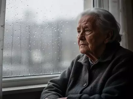 Eine ältere Person sitzt nachdenklich an einem Fenster an einem bewölkten Regentag. - Foto: über boerse-global.de