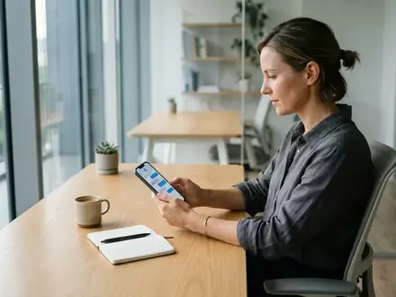 Eine Person nutzt ein Smartphone an einem modernen Schreibtisch in einem hellen Büro. - Foto: über boerse-global.de