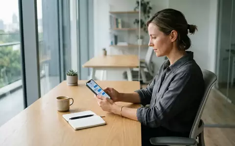 Eine Person nutzt ein Smartphone an einem modernen Schreibtisch in einem hellen Büro. - Foto: über boerse-global.de