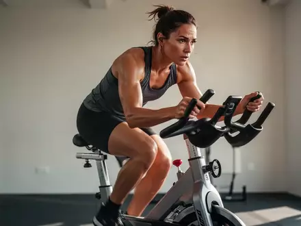 Eine Person beim hochintensiven Intervalltraining auf einem stationären Fahrrad in einem hellen, minimalistischen Fitnessraum. - Foto: über boerse-global.de