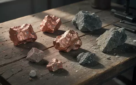 Nahaufnahme von rohen Kupfererzstücken und Mineralproben auf einem Holztisch. - Foto: über boerse-global.de