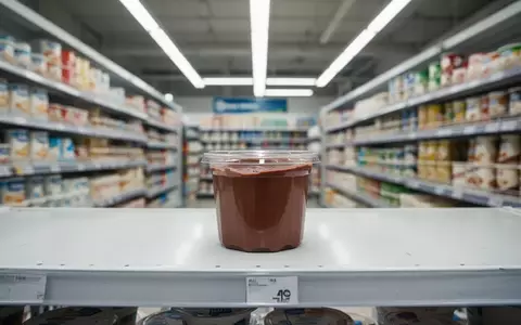 Ein einzelner Schokoladenpuddingbecher steht in einem hellen Supermarktregal. - Foto: über boerse-global.de