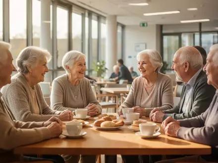 Eine Gruppe älterer Menschen unterhält sich freundlich und entspannt an einem hellen Tisch in einem Gemeinschaftszentrum. - Foto: über boerse-global.de