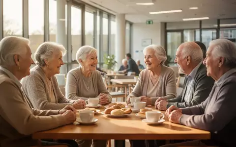 Eine Gruppe älterer Menschen unterhält sich freundlich und entspannt an einem hellen Tisch in einem Gemeinschaftszentrum. - Foto: über boerse-global.de