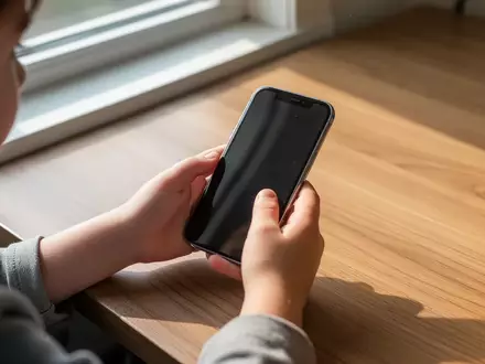 Ein Kind hält ein Smartphone in den Händen, während es an einem Holztisch sitzt. - Foto: über boerse-global.de