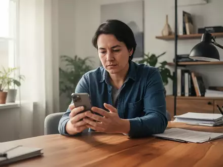 Eine Person sitzt an einem Schreibtisch und hält konzentriert ein Smartphone in der Hand. - Foto: über boerse-global.de