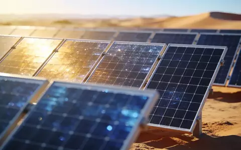 Reihen moderner Photovoltaik-Solarmodule in einer weitläufigen Wüstenlandschaft unter klarem Himmel. - Foto: über boerse-global.de