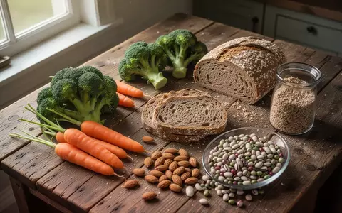 Eine Auswahl an ballaststoffreichen Lebensmitteln wie Gemüse, Vollkornbrot und Nüsse auf einem rustikalen Holztisch. - Foto: über boerse-global.de