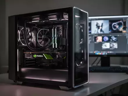 Ein leistungsstarker Computer mit sichtbarer Grafikkarte in einem modernen, minimalistischen Büro. - Foto: über boerse-global.de