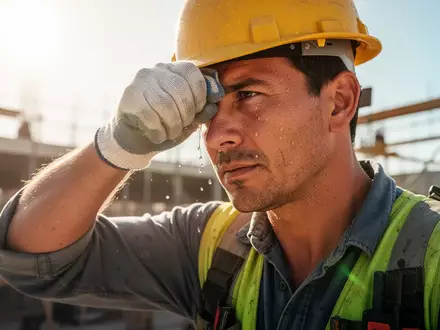 Ein Bauarbeiter wischt sich bei extremer Hitze den Schweiß von der Stirn auf einer sonnendurchfluteten Baustelle. - Foto: über boerse-global.de