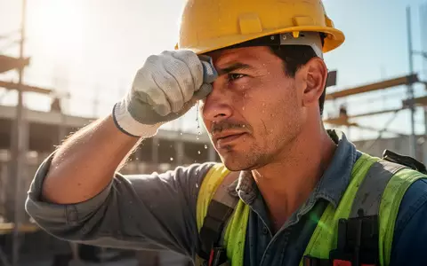 Ein Bauarbeiter wischt sich bei extremer Hitze den Schweiß von der Stirn auf einer sonnendurchfluteten Baustelle. - Foto: über boerse-global.de