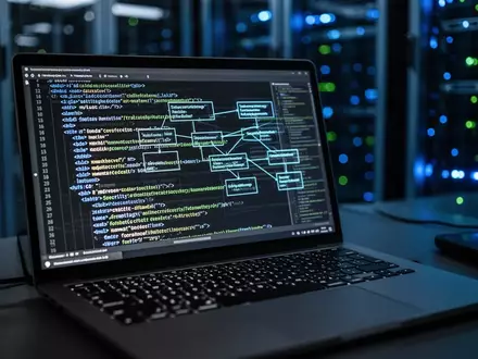 Ein Laptop-Bildschirm mit komplexen XML-Codezeilen und Sicherheitsarchitektur-Diagrammen auf einem Schreibtisch. - Foto: über boerse-global.de