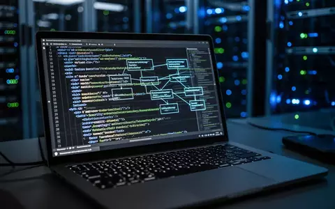 Ein Laptop-Bildschirm mit komplexen XML-Codezeilen und Sicherheitsarchitektur-Diagrammen auf einem Schreibtisch. - Foto: über boerse-global.de