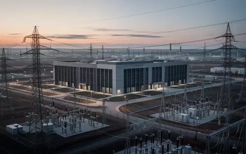 Ein modernes Rechenzentrum mit Hochspannungsleitungen und Transformatoren in einer Industrielandschaft bei Dämmerung. - Foto: über boerse-global.de