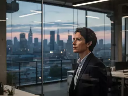 Eine nachdenkliche Person schaut aus einem Bürofenster auf eine Stadt bei Dämmerung, symbolisierend die berufliche Neuorientierung. - Foto: über boerse-global.de