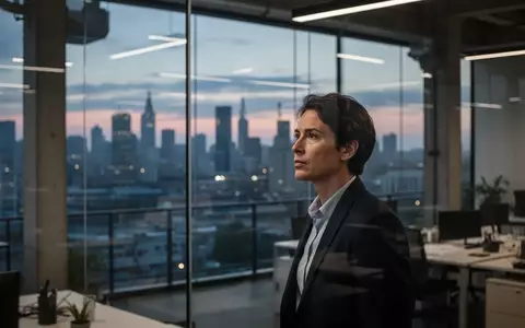Eine nachdenkliche Person schaut aus einem Bürofenster auf eine Stadt bei Dämmerung, symbolisierend die berufliche Neuorientierung. - Foto: über boerse-global.de