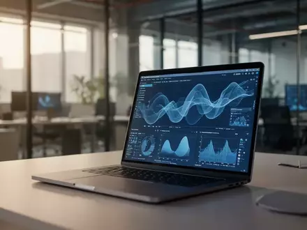 Moderner Büroarbeitsplatz mit komplexen Datenvisualisierungen auf einem Laptop-Bildschirm. - Foto: über boerse-global.de