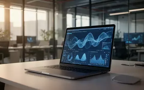 Moderner Büroarbeitsplatz mit komplexen Datenvisualisierungen auf einem Laptop-Bildschirm. - Foto: über boerse-global.de
