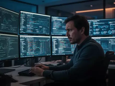 Ein erschöpfter IT-Sicherheitsanalyst sitzt vor mehreren Monitoren in einem abgedunkelten Security Operations Center. - Foto: über boerse-global.de