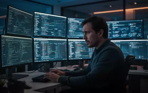 Ein erschöpfter IT-Sicherheitsanalyst sitzt vor mehreren Monitoren in einem abgedunkelten Security Operations Center. - Foto: über boerse-global.de