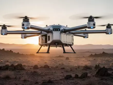 Eine autonome Frachtdrohne vom Typ Chaparral schwebt über einer rauen Wüstenlandschaft bei Sonnenuntergang. - Foto: über boerse-global.de