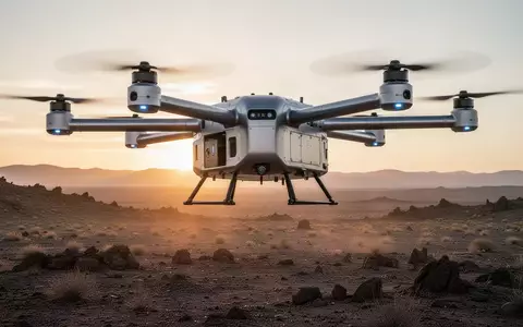 Eine autonome Frachtdrohne vom Typ Chaparral schwebt über einer rauen Wüstenlandschaft bei Sonnenuntergang. - Foto: über boerse-global.de