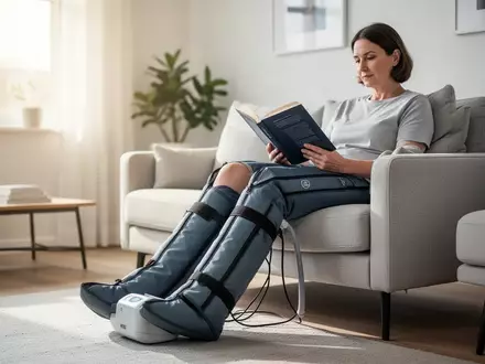 Person in einem hellen Wohnzimmer, die ein medizinisches Kompressionsgerät zur Lymphdrainage an den Beinen verwendet. - Foto: über boerse-global.de