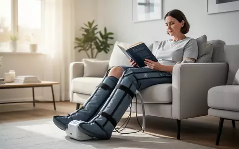 Person in einem hellen Wohnzimmer, die ein medizinisches Kompressionsgerät zur Lymphdrainage an den Beinen verwendet. - Foto: über boerse-global.de