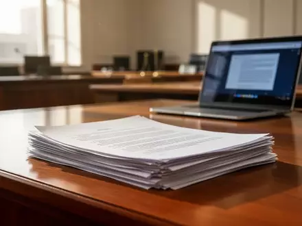Ein Stapel juristischer Dokumente auf einem Holztisch vor einem unscharfen Laptop in einem modernen Büro. - Foto: über boerse-global.de