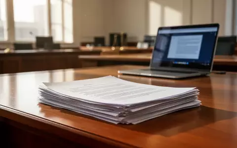 Ein Stapel juristischer Dokumente auf einem Holztisch vor einem unscharfen Laptop in einem modernen Büro. - Foto: über boerse-global.de