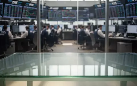 Ein moderner Börsenplatz mit unscharfen Handelsplätzen im Hintergrund und einer leeren, hellen Schreibtischoberfläche. - Foto: über boerse-global.de