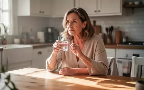 Eine Frau mittleren Alters sitzt an einem hellen Holztisch in einer Küche und hält nachdenklich ein Glas Wasser. - Foto: über boerse-global.de