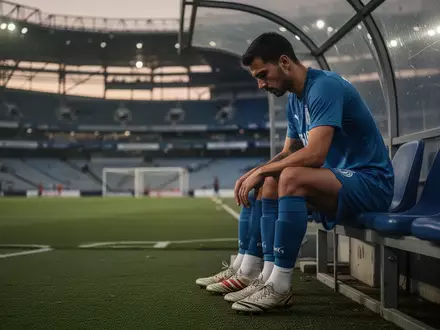 Ein Profifußballer sitzt nachdenklich allein auf der Ersatzbank in einem leeren Stadion. - Foto: über boerse-global.de