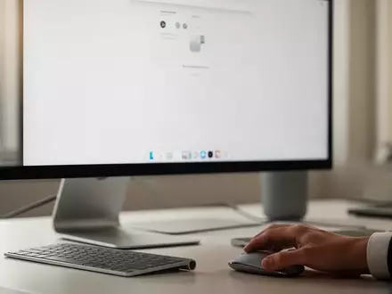 Ein moderner Schreibtisch mit einem Computerbildschirm, bei dem die Hand eines Nutzers eine Computermaus bedient. - Foto: über boerse-global.de