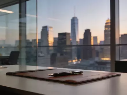 Ein minimalistischer Schreibtisch in einem modernen Büro vor einer verschwommenen Skyline bei Dämmerung. - Foto: über boerse-global.de