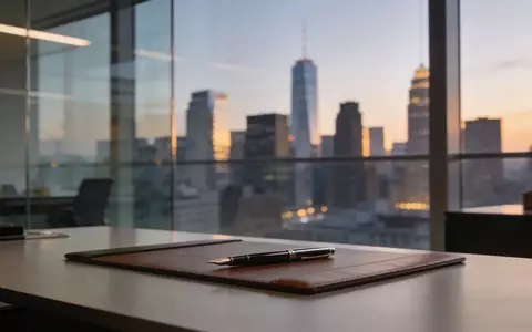 Ein minimalistischer Schreibtisch in einem modernen Büro vor einer verschwommenen Skyline bei Dämmerung. - Foto: über boerse-global.de