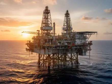 Eine Offshore-Ölplattform auf dem offenen Meer bei Sonnenuntergang. - Foto: über boerse-global.de
