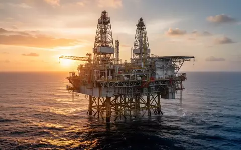 Eine Offshore-Ölplattform auf dem offenen Meer bei Sonnenuntergang. - Foto: über boerse-global.de