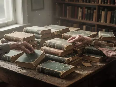 Hände beim Sortieren einer umfangreichen Sammlung alter, gebundener Bücher auf einem Holztisch. - Foto: über boerse-global.de