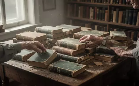 Hände beim Sortieren einer umfangreichen Sammlung alter, gebundener Bücher auf einem Holztisch. - Foto: über boerse-global.de