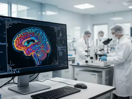 Ein medizinischer Forscher arbeitet in einem modernen Labor vor einem Monitor mit einer detaillierten 3D-Gehirnaufnahme. - Foto: über boerse-global.de