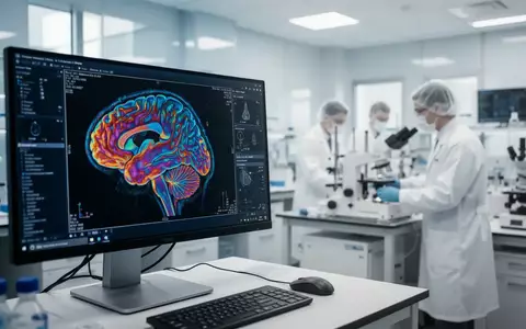 Ein medizinischer Forscher arbeitet in einem modernen Labor vor einem Monitor mit einer detaillierten 3D-Gehirnaufnahme. - Foto: über boerse-global.de