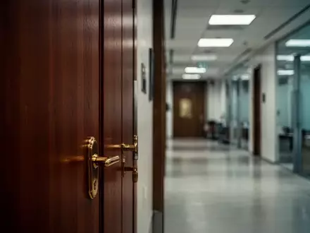 Geschlossene Bürotür in einem modernen Regierungsgebäude, die eine bürokratische Atmosphäre und behördliche Zurückhaltung symbolisiert. - Foto: über boerse-global.de