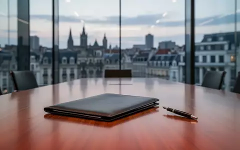 Ein leerer Konferenztisch in einem modernen Bürogebäude mit Blick auf die Skyline von Brüssel bei Dämmerung. - Foto: über boerse-global.de