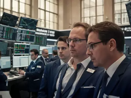 Blick auf den Frankfurter Börsenhandel mit konzentrierten Händlern im gedämpften Licht. - Foto: über boerse-global.de