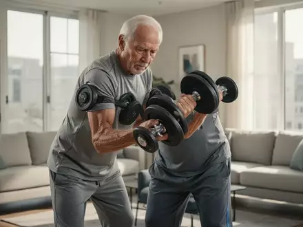 Ein sportlicher Senior trainiert konzentriert mit Hanteln in einem hellen Wohnzimmer. - Foto: über boerse-global.de